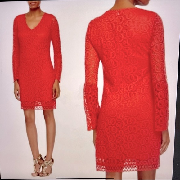 Laundry by Shelli Segal NWT Red Lace Crochet Bell Sleeve Dress in Hibiscus - Picture 2 of 13